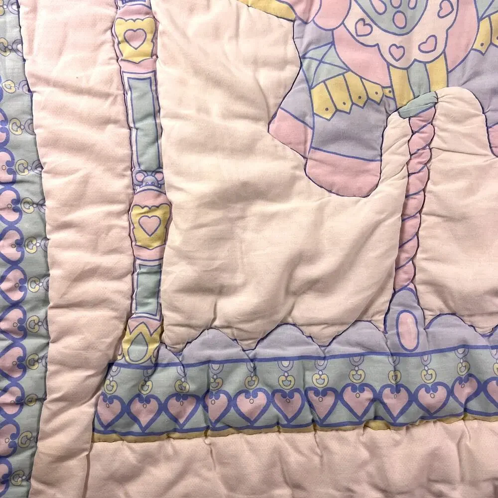 Vintage 80s 90s Baby Quilt Carousel Horse Merry Go Round Pink Lace Crib Blanket